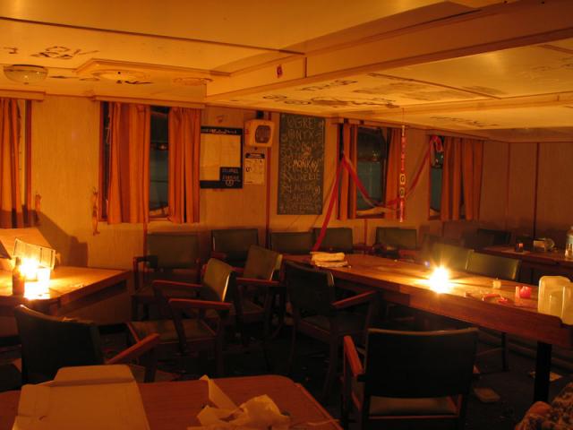 Dining area of abandoned ship, many parties were had on this ship